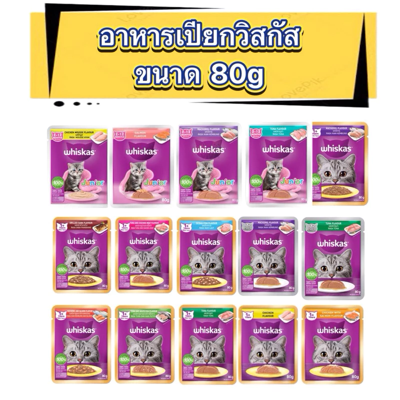 (แบบซอง) วิสกัส อาหารแมว Whiskas แบบซอง 80 กรัม. 12รสชาติ สำหรับแมวโตและลูกแมว รับประกันสินค้าใหม่