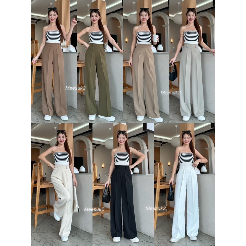 กางเกงเอวสูงขากระบอกใหญ่แต่งหูเข็มขัดมีซิปหลัง ผ้าลิลลี่S-3xl