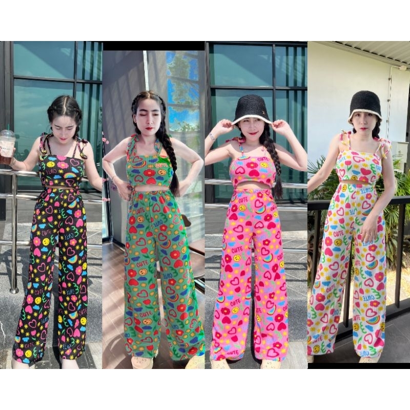 ชุดเซตลายรุ่งสดใส ลายสดใสสีสดใสผ้าไหมพรมผูกไหล่