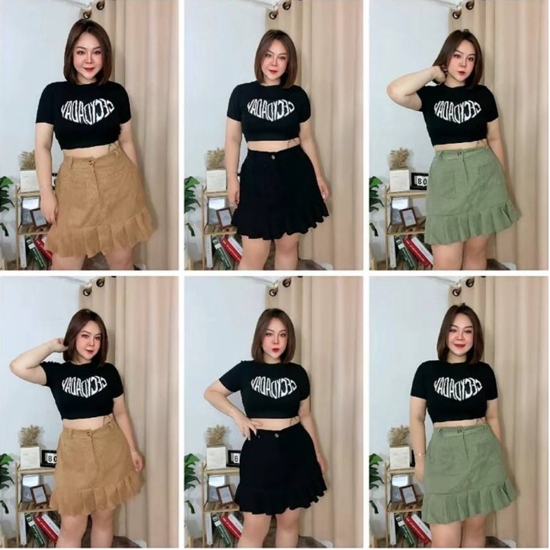 JIRA🐳|กระโปรงผ้าลูกฟูก จีบระบายชาย ริ้วใหญ่ เอวฟรีไซด์ 32“ถึง 44”สะโพก 50“ยาว 16”