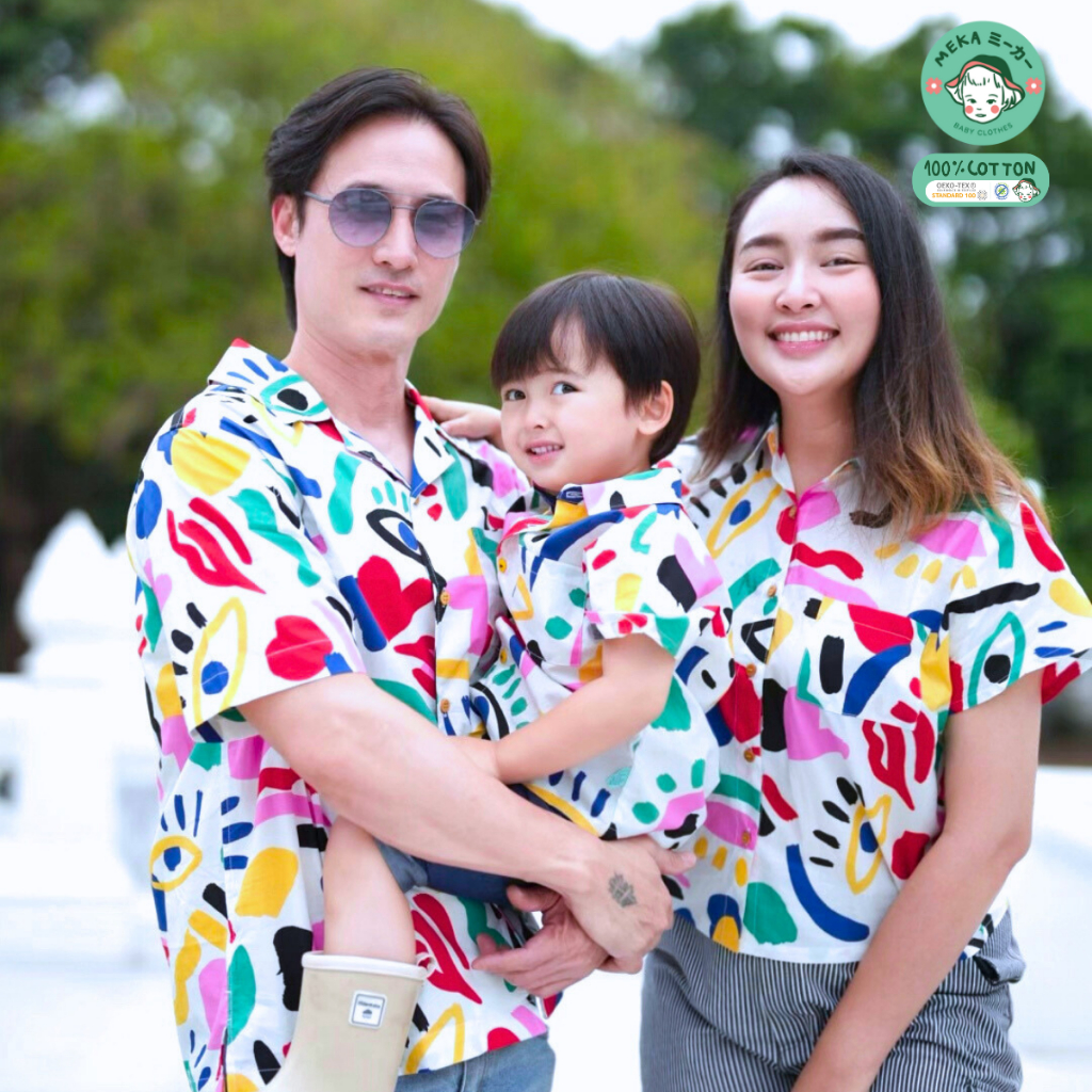 [พร้อมส่ง ] ชุดครอบครัว เสื้อเชิ้ต พ่อ แม่ ลูก ลายกราฟิก ผ้า 𝙋𝙧𝙚𝙢𝙞𝙪𝙢 𝘾𝙤𝙩𝙩𝙤𝙣 𝙆𝙤𝙧𝙚𝙖𝙣 แบรนด์ 𝙈𝙚𝙠𝙖.𝘽𝙖𝙗𝙮 𝘾𝙡𝙤𝙩𝙝𝙚𝙨