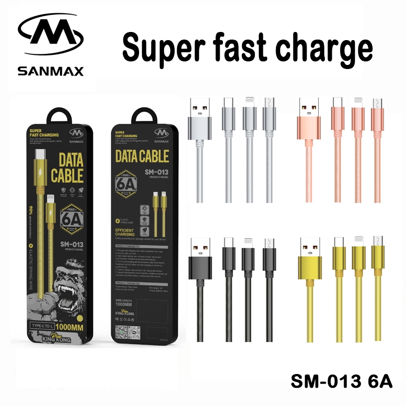 sanmax สายชาร์จ 013 kingkong 6a สายชาร์จแบบสปริงโลหะ fastcharging vooc（ typec to L ）pd 20w 35w สำหรับ micro typec ip