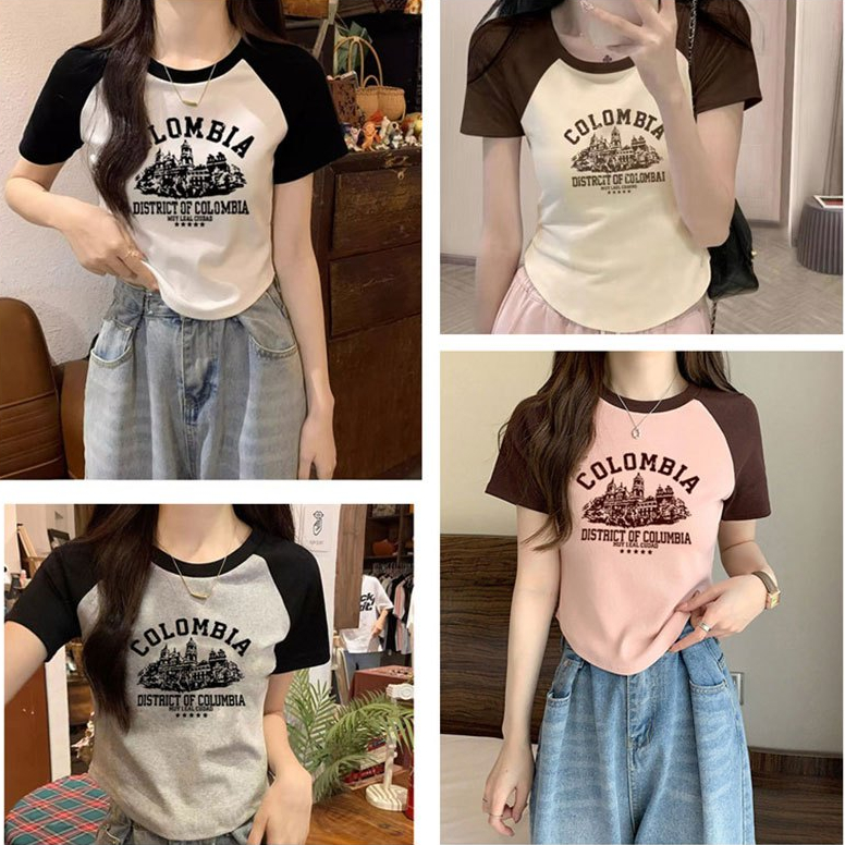 เสื้อครอปรัดรูปสาวอวบน่ารักๆ สีทูโทนน่ารักม้าก เสื้อผ้าแฟชั่นเกาหลี ฤดูร้อนใหม่ เสื้อยืดทรงสลิมฟิตสวยๆผู้หญิง พิมพ์ลาย