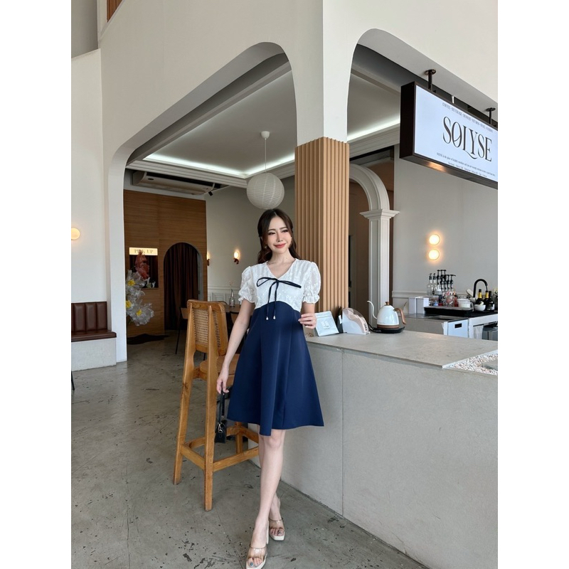 Lala dress เดรสออกงานแขนตุ๊กตาทูโทนลูกไม้ ป้าย mabel รูปที่ 4