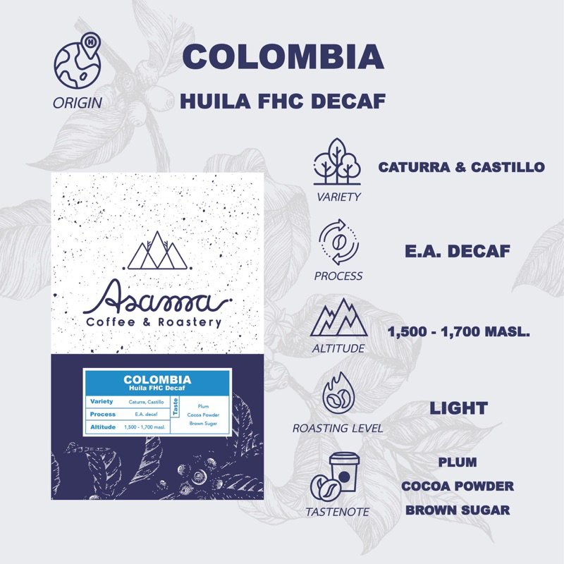 เมล็ดกาแฟคั่วกลาง ไม่มีคาเฟอีน Colombia Decaf 200 กรัม