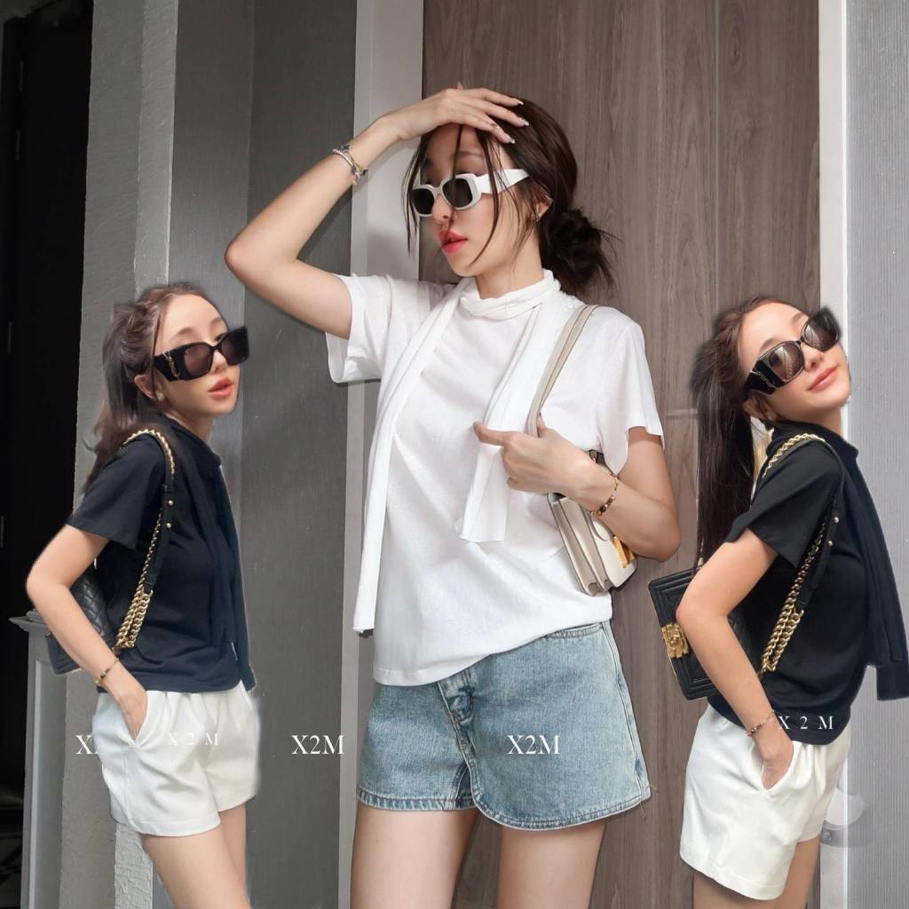A13:เสื้อ เสื้อผูกคอ เสื้อพันคอX2M ขาว/ดำ