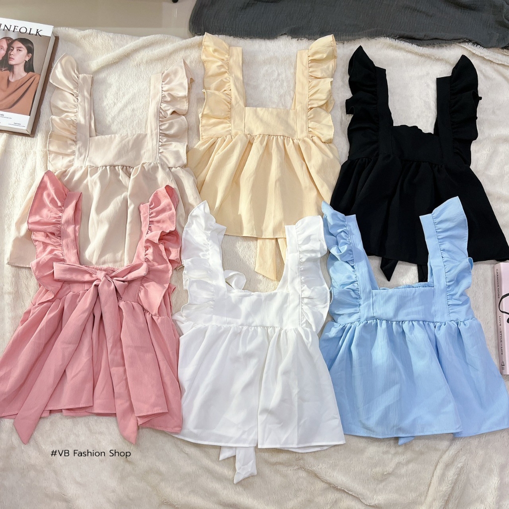 NEW ARRIVAL✨ เสื้อครอปสายเดี่ยวแขนระบาย แต่งผูกโบว์ ใส่ได้2ด้าน🌸🌈✨