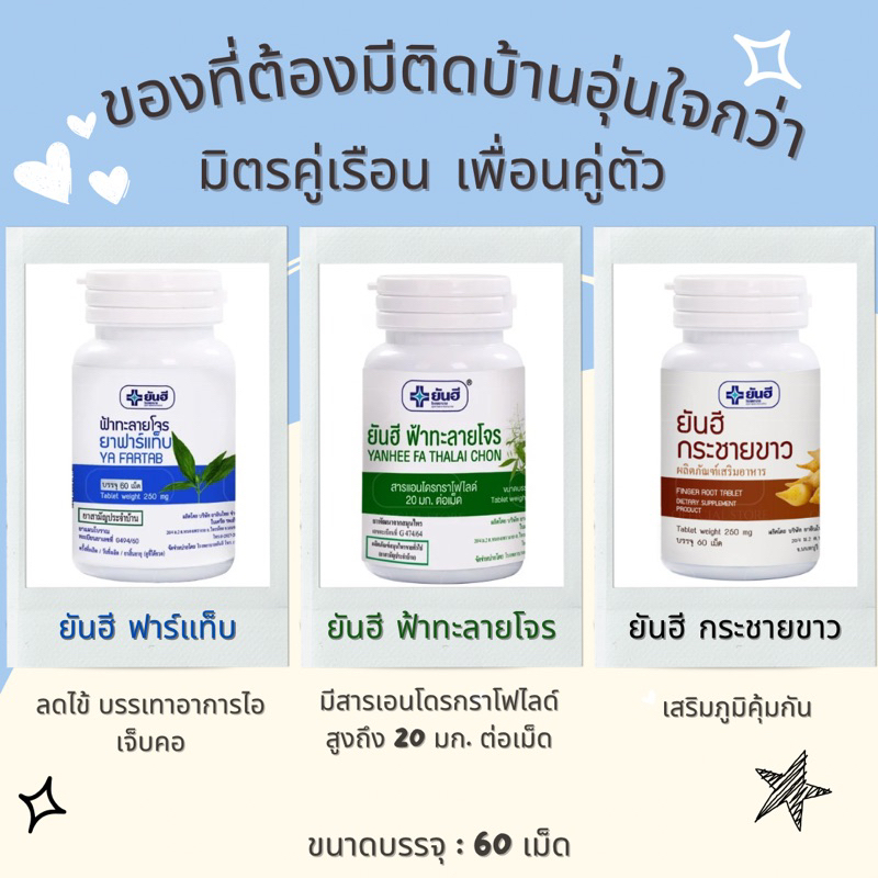 [แท้พร้อมส่ง ] ยันฮี ฟาร์แท็บ + ยันฮี ฟ้าทะลายโจร + ยันฮี กระชายขาว ขนาดบรรจุ 60เม็ด | สินค้าคุณภาพ จากรพ.ยันฮี