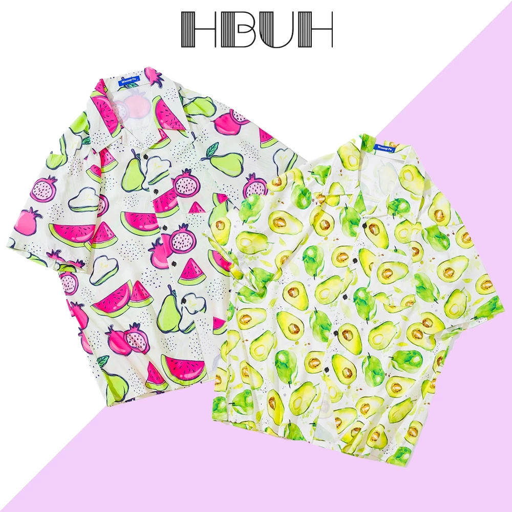 HBUH เสื้อฮาวายลายดอก แขนสั้น ติดกระดุม ชาย-หญิง สไตล์เกาหลี