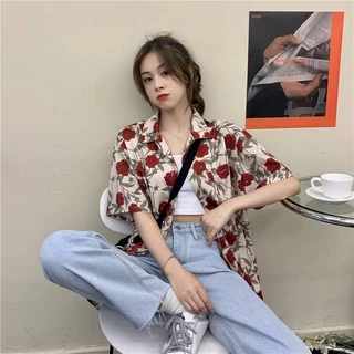 Know you เสื้อเชิ้ตแขนสั้นลายดอกกุหลาบน่ารัก ดีไซน์โดดเด่น สวยสะดุดตา พร้อมส่ง