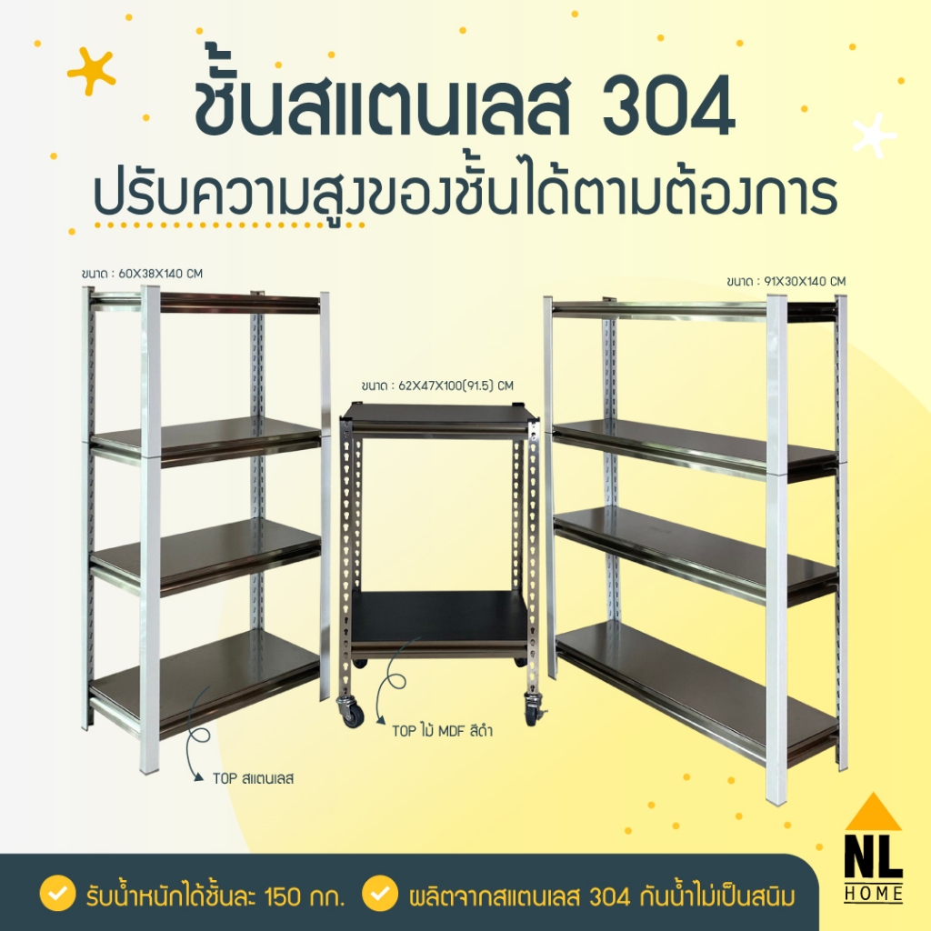 ชั้นวางของ สแตนเลส มีล้อรับน้ำหนักได้ 150 กก ที่เก็บของ NL HOME