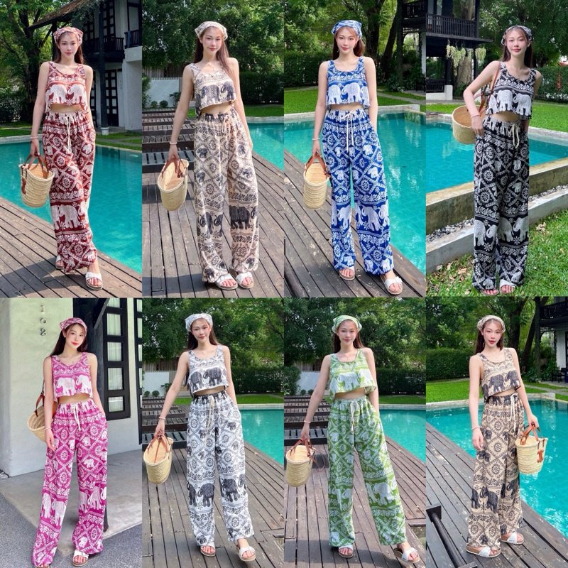 Teera❤️พร้อมส่ง✨ลายช้างม่อนแจ่ม🐘Set 3ชิ้น💖เสื้อ+กางเกง+ผ้าโพกผม