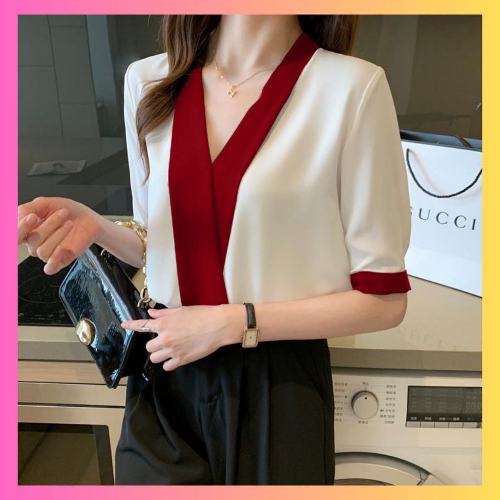 เสื้อเเขนสั้น ขอบคู่ขาว-ขอบสี ใส่ทำงาน สไตล์เกาหลี อก32-40”M-XL