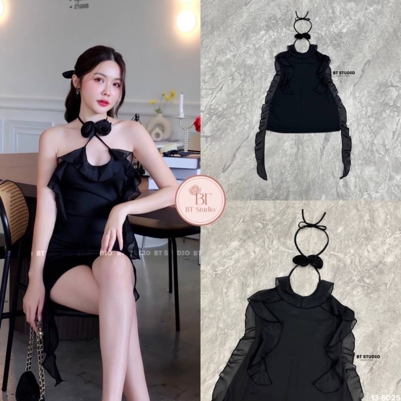 13-6025 เดรสสั้นสีดำแต่งสายไขว้ติดดอกกุหลาบ