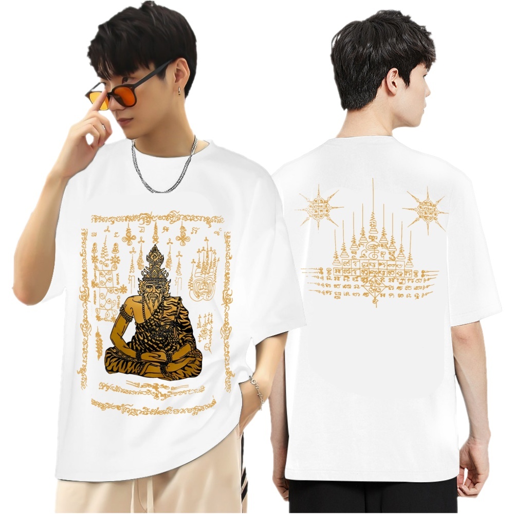 ราคาต่ำสุด!!เสื้อยืดลายไทย ลายยันต์ พ่อปู่ฤาษีนารอด แขนสั้นสีขาวทอง ผ้า cotton com32 สกรีนหน้าหลัง เสื้อสวย ราคาถูก S-3X