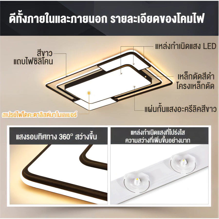 โคมไฟเพดาน ไฟ led เพดาน โคมไฟเพดานรีโมท 3สี โคมไฟ LED สไตล์โมเดิร์น เบาและบางลง สําหรับห้องนอน thumbnail 3