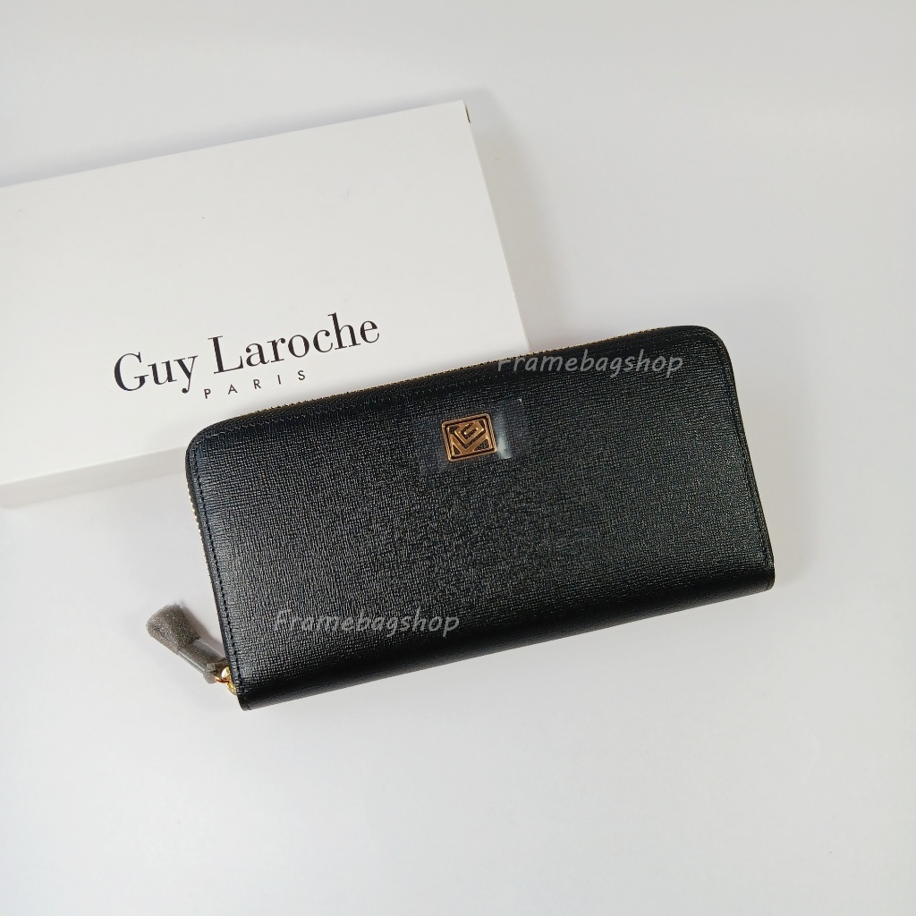 Guy Laroche กระเป๋าสตางค์ผู้หญิงใบยาว ซิปรอบ สีดำ หนังลาย อะไหล่ทอง หนังแท้100%