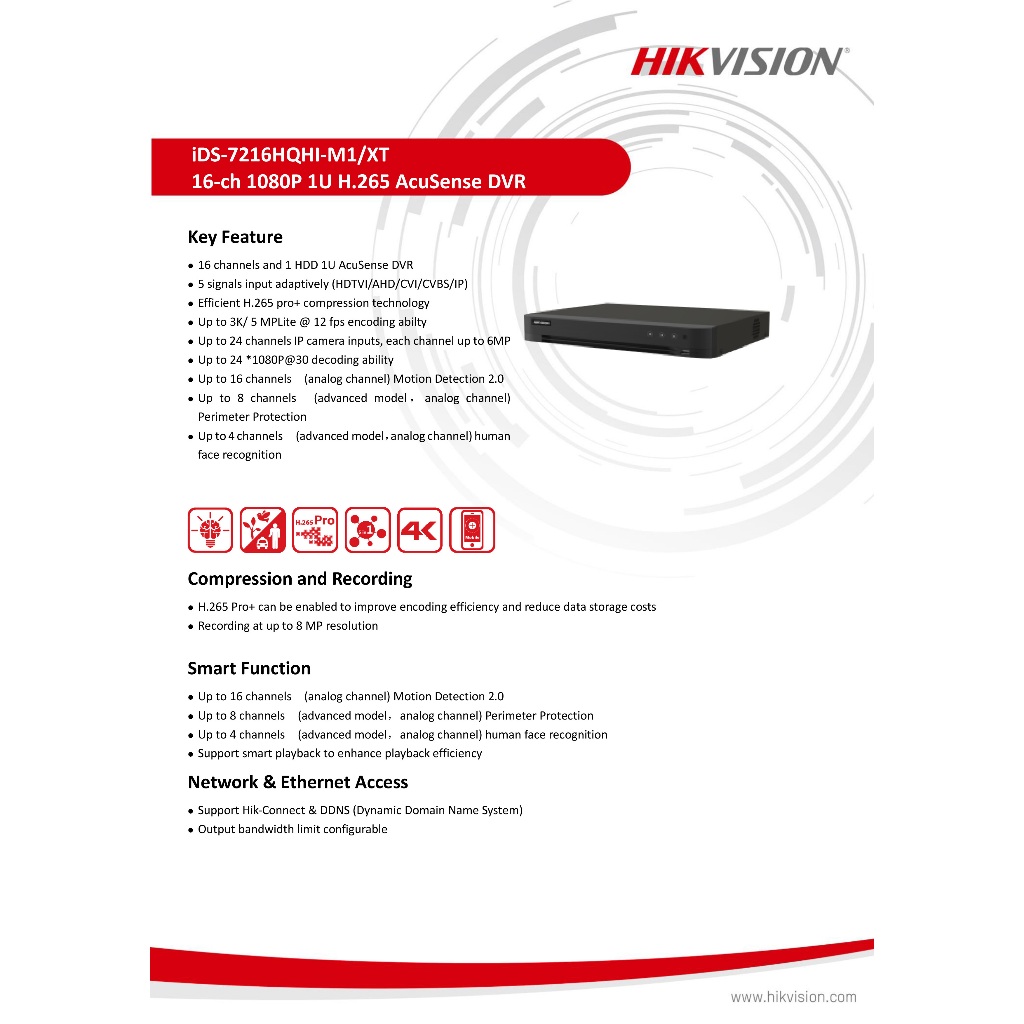 HIKVISION iDS-7216HQHI-M1/XT (16 CH) เครื่องบันทึกสำหรับกล้องวงจรปิดระบบ HD รุ่นใหม่ รองรับกล้อง HD Two-Way Audio ได้