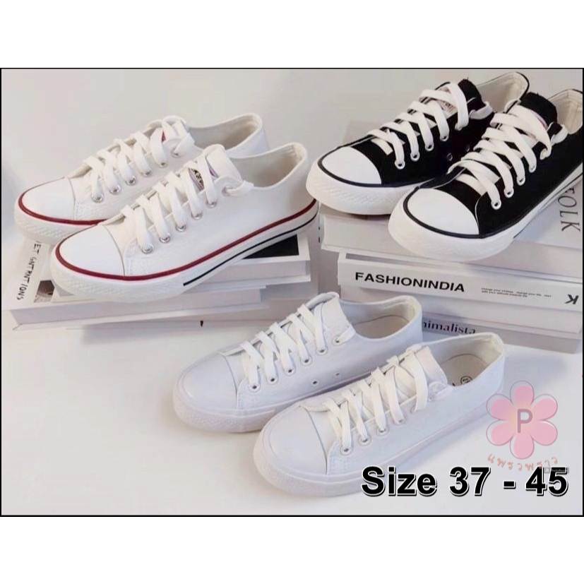 👟รองเท้าผ้าใบสีขาว ทรงคอนเวิร์ส สวย เท่ คลาสสิก ผ้าแคนวาส Size 37-45  ,A-6,8067