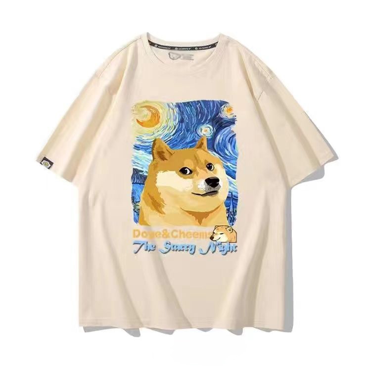 เสื้อยืดแขนสั้น Doge & The Starry Night เสื้อยืดพิมพ์ลาย ผ้าคอตตอน100% S-3XL พร้อมส่ง