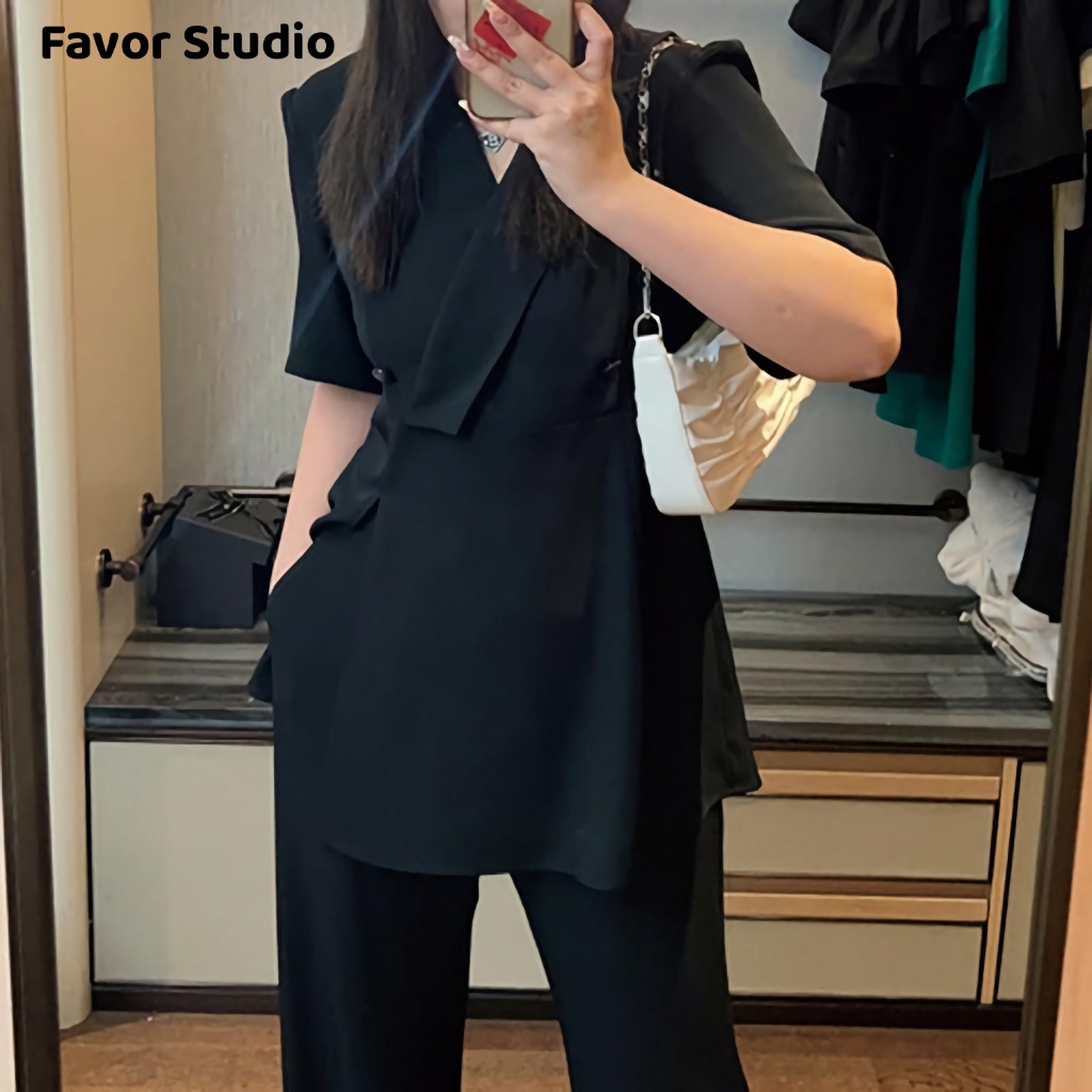 M-4XLชุดเซ็ทงานสาวอวบ ชุดเสื้อแขนสั้นผ่าข้าง + กางเกงทำงานสองชิ้น เก็บเอว ชุดสูทผู้หญิงชุดทำงานปกปิดหน้าท้อง ทำให้ดูผอม