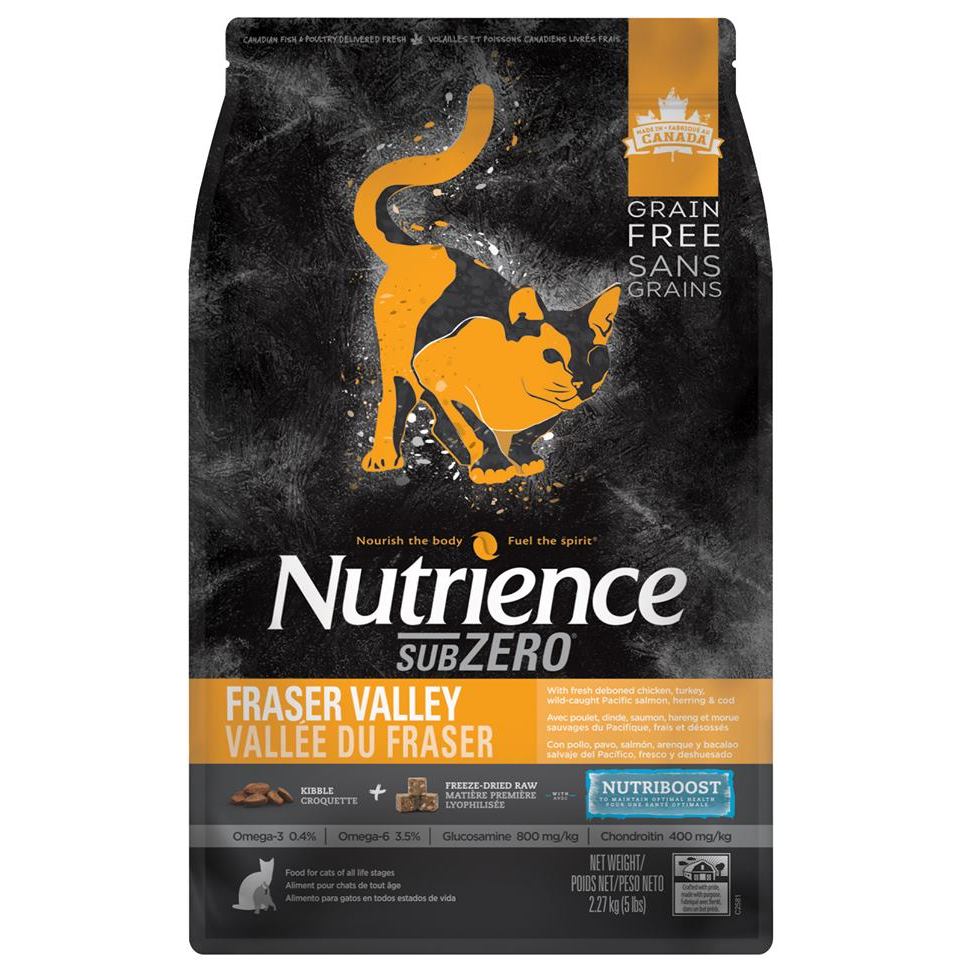 Nutrience SUBZERO Fraser Valley Cat อาหารแมวแบบเม็ดผสมฟรีซดราย สูตรเนื้อไก่และปลา ความน่ากินสูง
