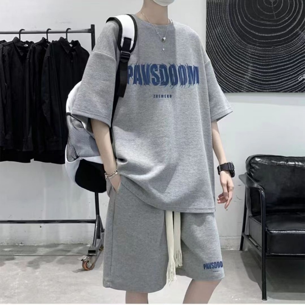 ชุดเซ็ทผู้ชาย เสื้อยืดคอกลมแขนสั้น+กางเกงขาสั้น ทรงหลวม ผ้าวาฟเฟิล สไตส์เกาหลี #20661