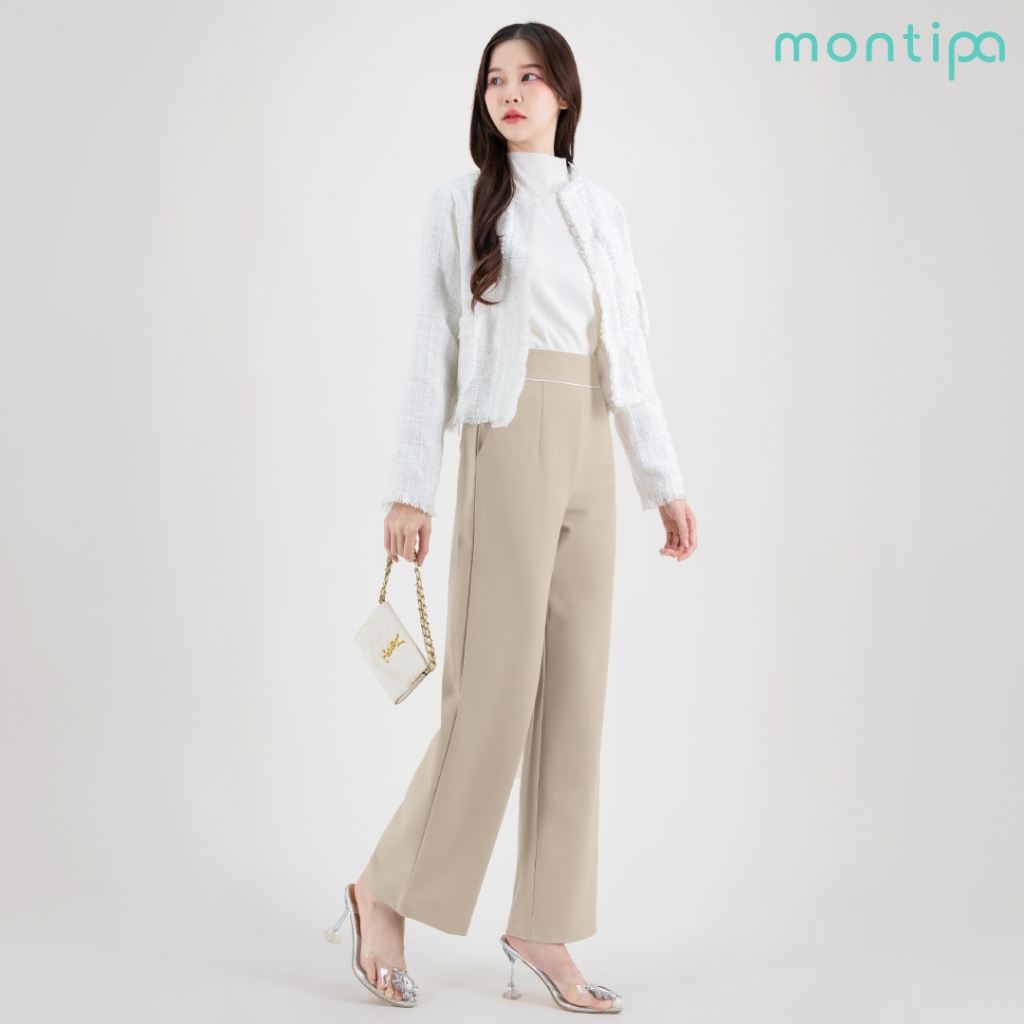 Montipa กางเกงกระบอกกลาง ซิปข้าง ดีเทลแต่งขอบเอว ช่วยทำให้ลุคดูไม่เรียบจนเกินไป  เนื้อผ้า Span D  45PWR64 ราคา ถูกที่สุด ดีลบีเคเค แกลเลอรีภาพที่ 3