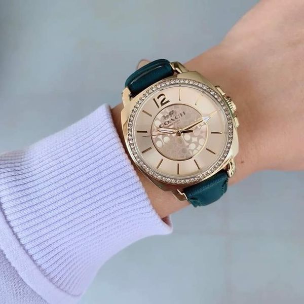 🌲COACH 14503982 BOYFRIEND WOMEN'S QUARTZ GREEN LEATHER STRAP WATCH🌲 นาฬิกาสายหนังสีเขียวหน้าปัดล้อมค