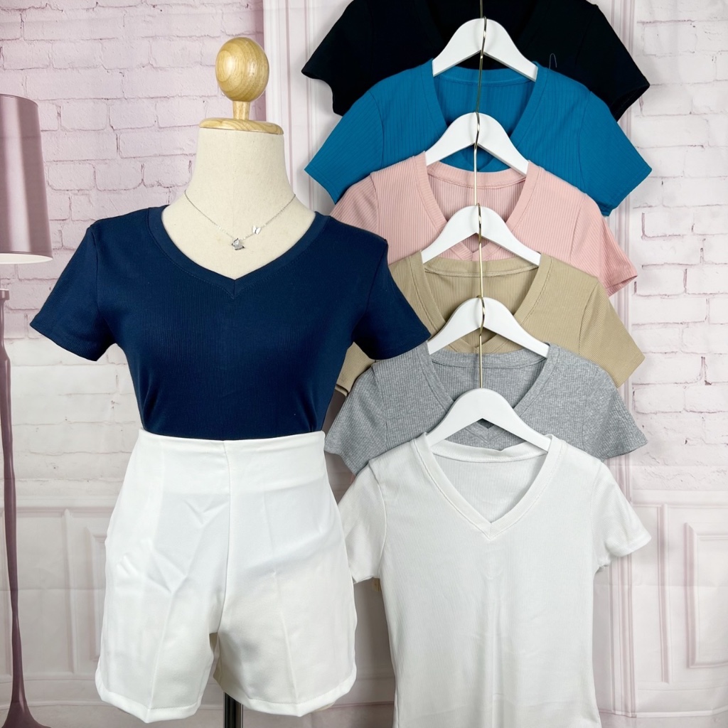 เสื้อยืดคอวี ผ้าร่องไหมพรม ทรงสลิมเอวs 26-40” ใส่สบายไม่ร้อน พร้อมส่ง