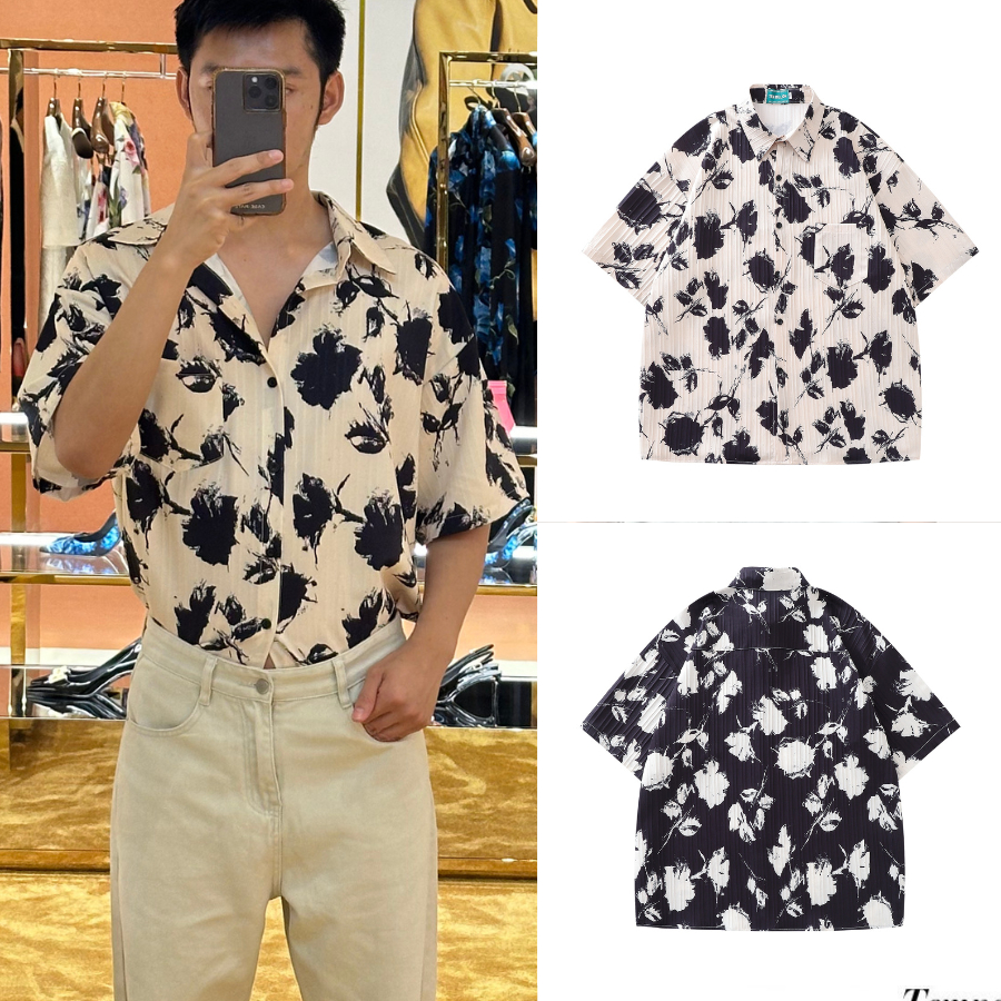 StylePop เสื้อเชิ๊ตแขนสั้น เสื้อเชิ๊ตผู้ชาย ลายดอกไม้ Premium Black Flower 3020