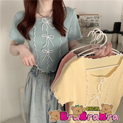[ส่งจากไทย] 𝑩𝒓𝒂𝑩𝒓𝒂𝑩𝒓𝒂 #f-168 เสื้อไหมพรม ดีเทล โบว์ สีพาสเทล ผ้าดี