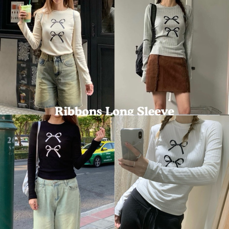 (เหลือ252.- เก็บโค้ดลดร้านโค้ดคุัม 30%)MIDI-Ribbons Long Sleeve เสื้อแขนยาวลายโบว์