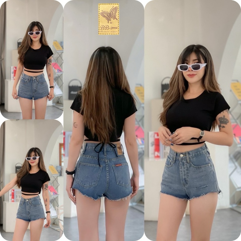 MNV STUDIO  กางเกงยีนส์ขาสั้นเอวสูงผ้ายีนส์ไม่ยืดงานป้าย🦋BBJeans🦋แบบขารุ่ยแต่งกรีดขาดหน้าขา