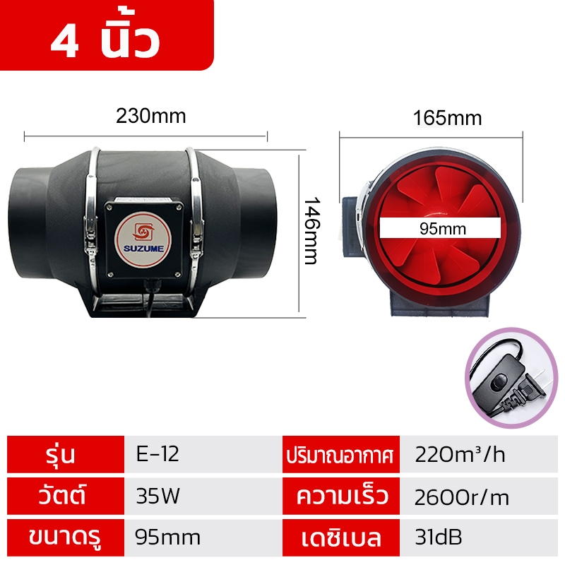 SUZUME 2m เคเบิล พร้อมสวิตซ์ 4 นิ้ว ใช้ในห้องครัว พัดลมดูดอากาศ พัดลมระบายอากาศ เติบโตเต็นท์
