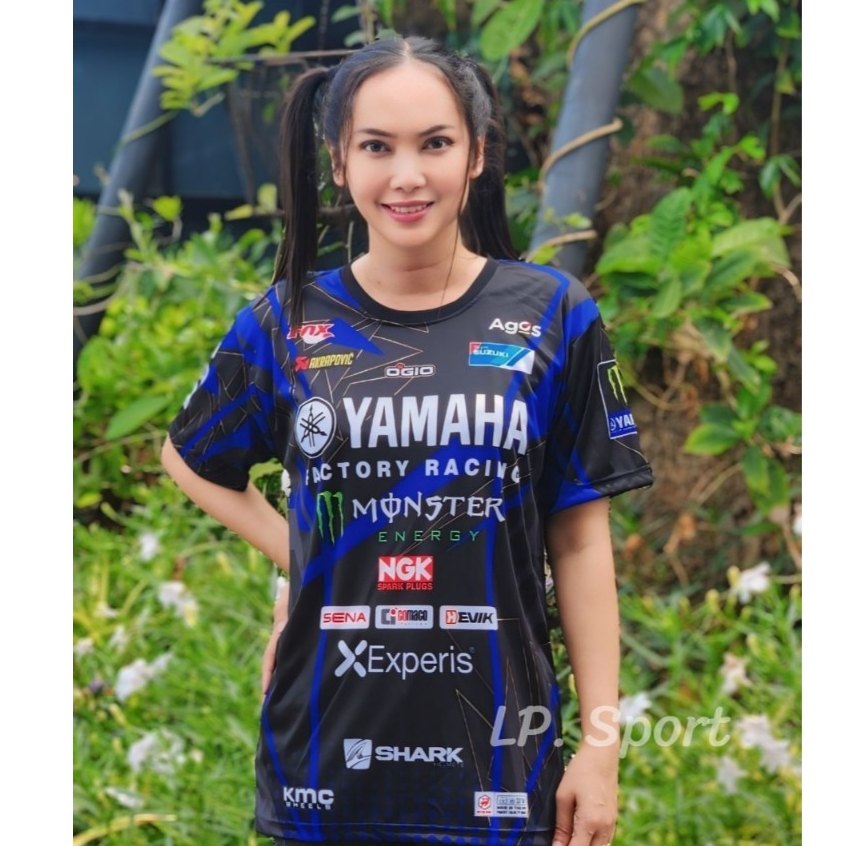 เสื้อยืด YAMAHA เสื้อกีฬา ผ้าไมโครมันพรีเมี่ยมเกรดA สีดำคาดน้ำเงิน ป้าย LP