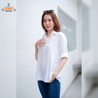 SunnyBoutique เสื้อเชิ้ตคอปก ผู้หญิง ผ้าสปัน แขน3ส่วน กระดุมครึ่ง อก40"-46" ใส่สบาย ไม่ร้อน