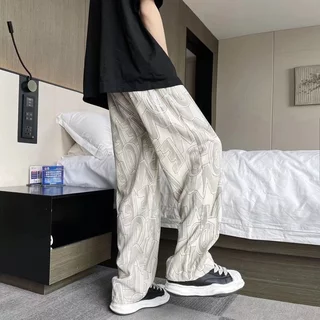 [W0180] กางเกงลูกฟูกขายาว กางเกงผู้ชาย เอวยางยืด พิมลายตัวอักษร แต่งเชือกขาดๆ ใส่เที่ยว ได้ลุคเท่ๆ
