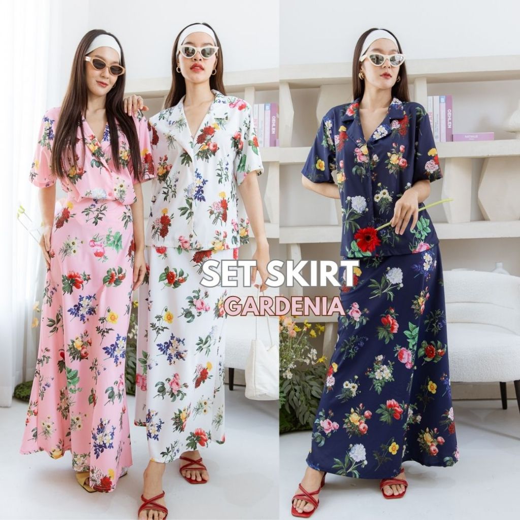 THONGYOY-Set Satin Gardenia ชุดเซตเสื้อเชิ้ต&กระโปรงยาวผ้าซาติน(ขายทั้งเซตเเละขายเเยกชิ้น) ชุดออกงาน ชุดทำงาน ชุดลายดอก