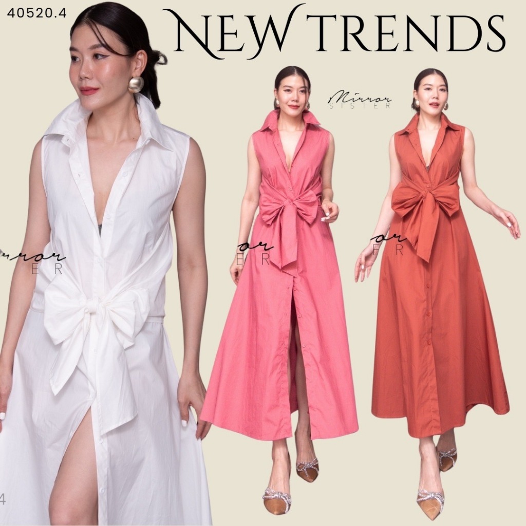 Mirrorsister 40520.4 เดรสเชิ้ตแขนกุดตัวยาว เว้าหลัง มีกระดุมผ่าหน้า จั้มสม็อคเอว ต่อผ้าชายยาวให้ผูกโบว์ กระโปรงทรงA