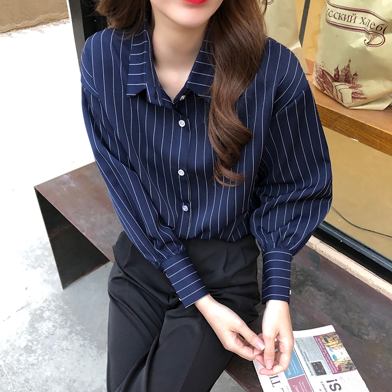 Littlebee W285🌼เสื้อเชิ้ตแขนยาว คอปก ทรงหลวม ลายทาง พลัสไซซ์ สไตล์เรโทร แฟชั่นฤดูใบไม้ผลิ สําหรับผู้หญิง
