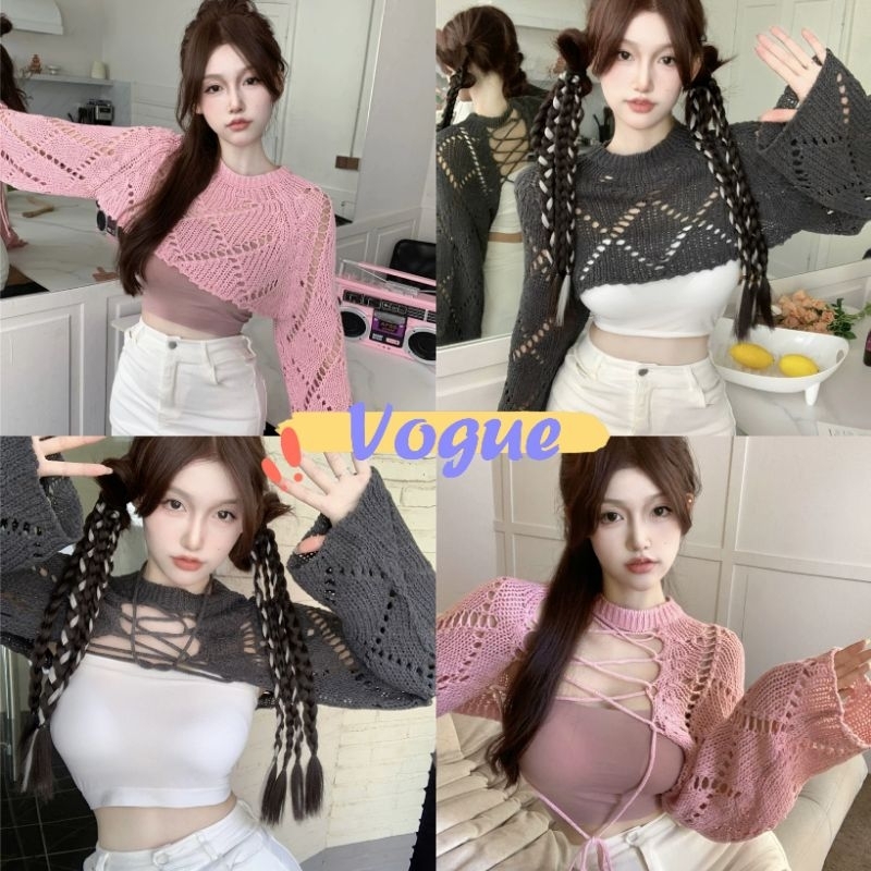 Vogue พร้อมส่ง เสื้อถักนิตติ้งครอป เสื้อเบลาส์ถักซีทรู คอกลม แขนยาว ใส่ได้สองด้าน (CZ613)