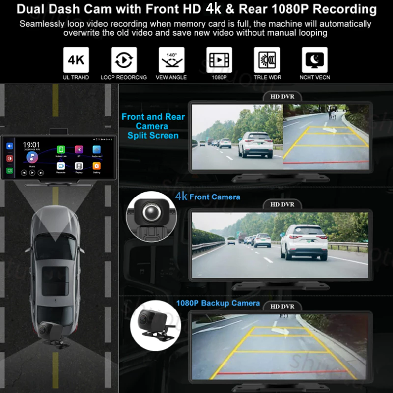 4K กล้องติดรถยนต์+กล้องหลังฟรี 10.26นิ้ว TouchScreen DVR WIFI บลูทู ธ เสียงควบคุมฟังก์ชั่น Android Auto carplay Dash Cam thumbnail 7