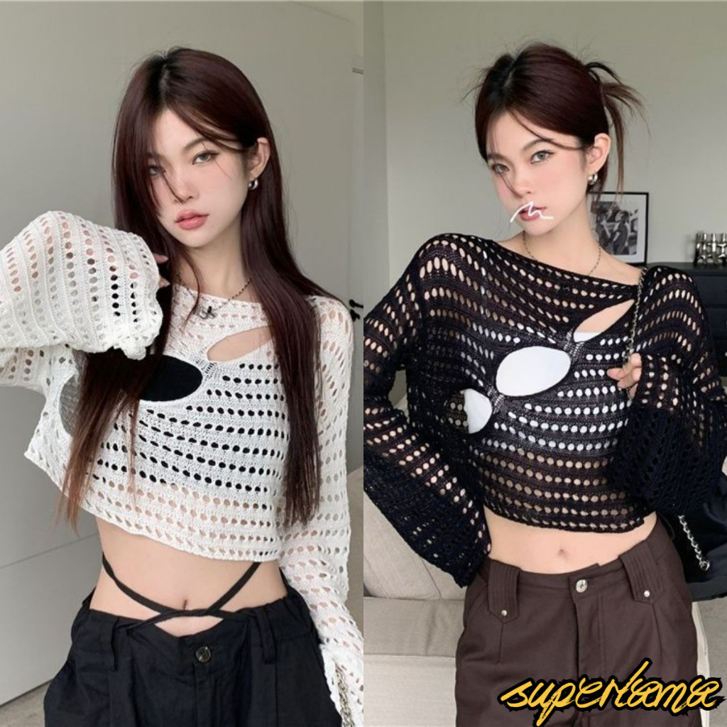 เสื้อคลุมซีทรูสายถัก เสื้อคลุมสายถัก ตาข่ายดีเทลเจาะรูหน้าอก คลุมเก๋ๆๆ ปักลาย #1902136