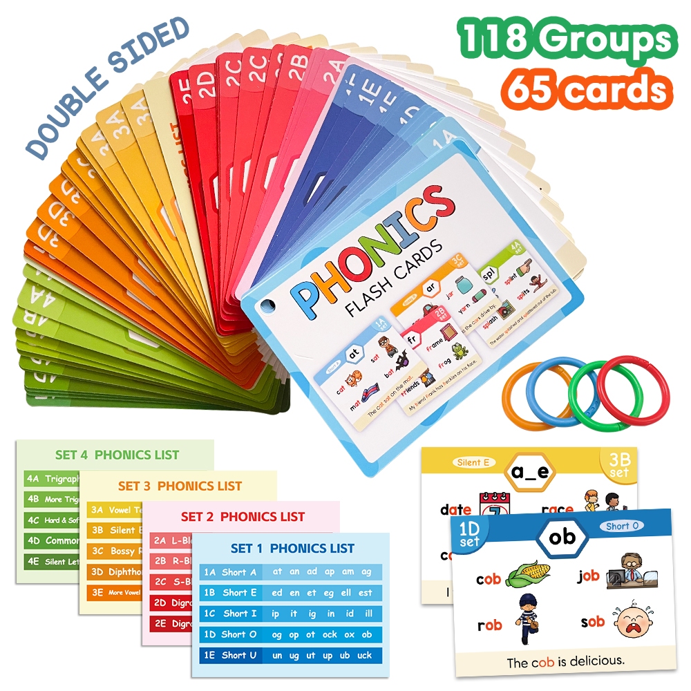 65Pcs Phonics Sight Words Educational Flash Cards Vocabulary Sentence Building English Learning Card for Kids