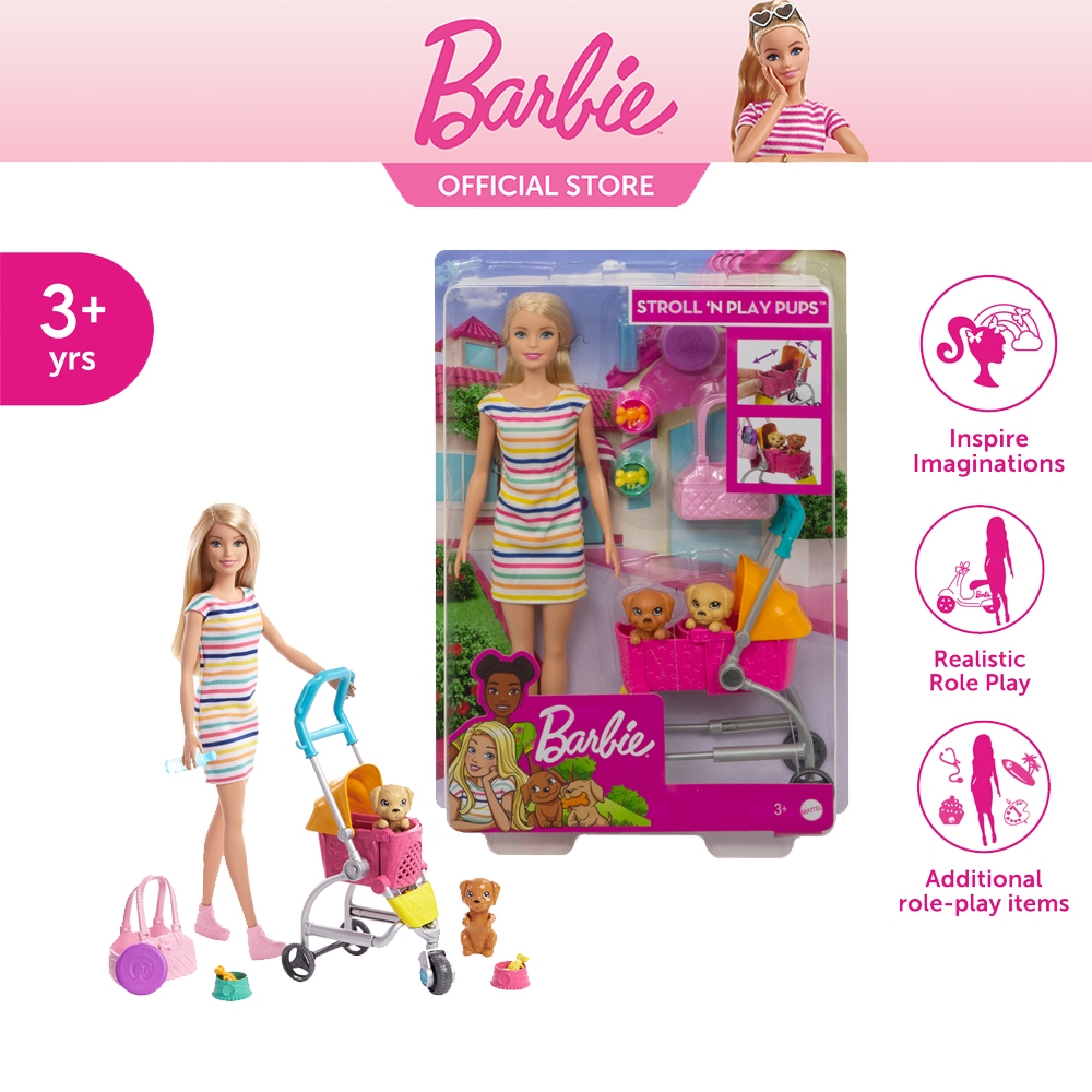 Barbie Stroll ‘n Play Pups Doll and Accessories บาร์บี้ เพลย์เซตตุ๊กตาและรถเข็นสัตว์เลี้ยง GHV92 CH