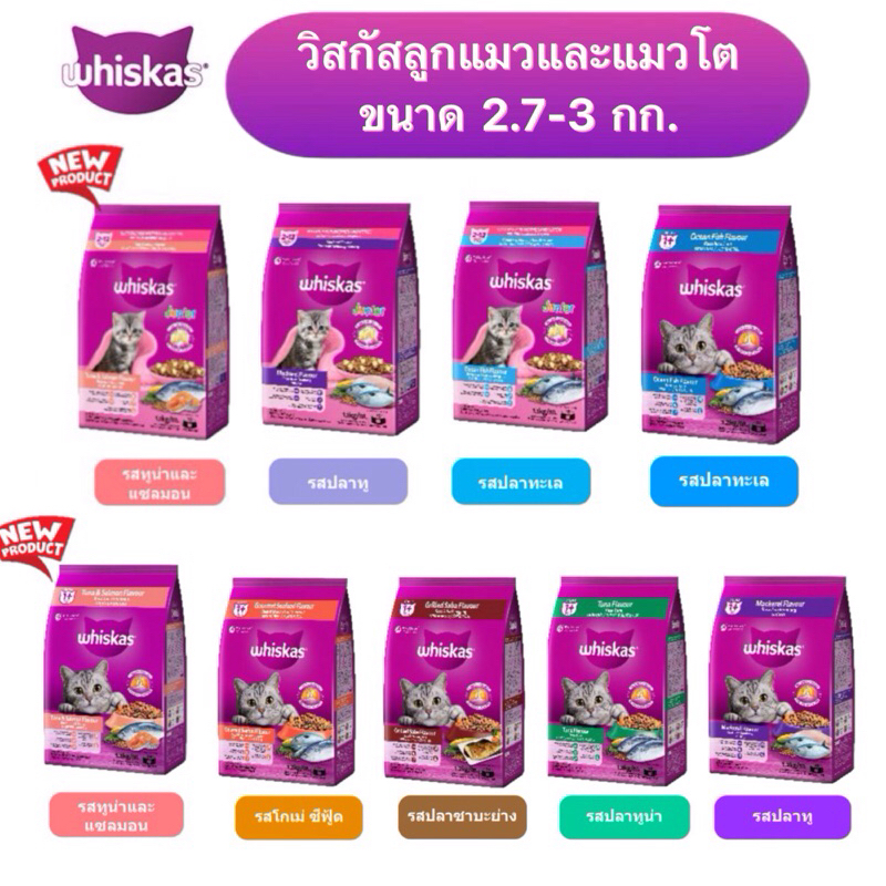 อาหารเม็ดแมววิสกัส Whiskas อาหารแมววิสกัส ลูกแมวและแมวโต ขนาด 2.7-3กก. Exp:2025