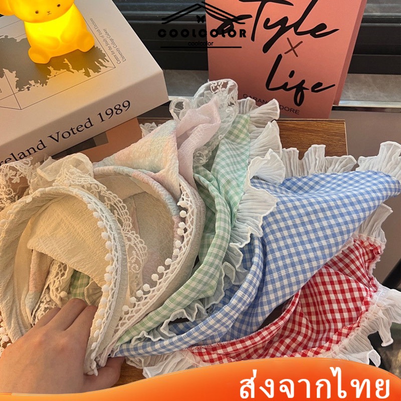 ในไทย ผ้าโพกหัวทรงสามเหลี่ยมลายสก๊อตที่คาดผมสไตล์โบฮีเมียนลูกไม้สําหรับผู้หญิงเหมาะแก่การถ่ายรูปในวันหยุด.coolcolor.th