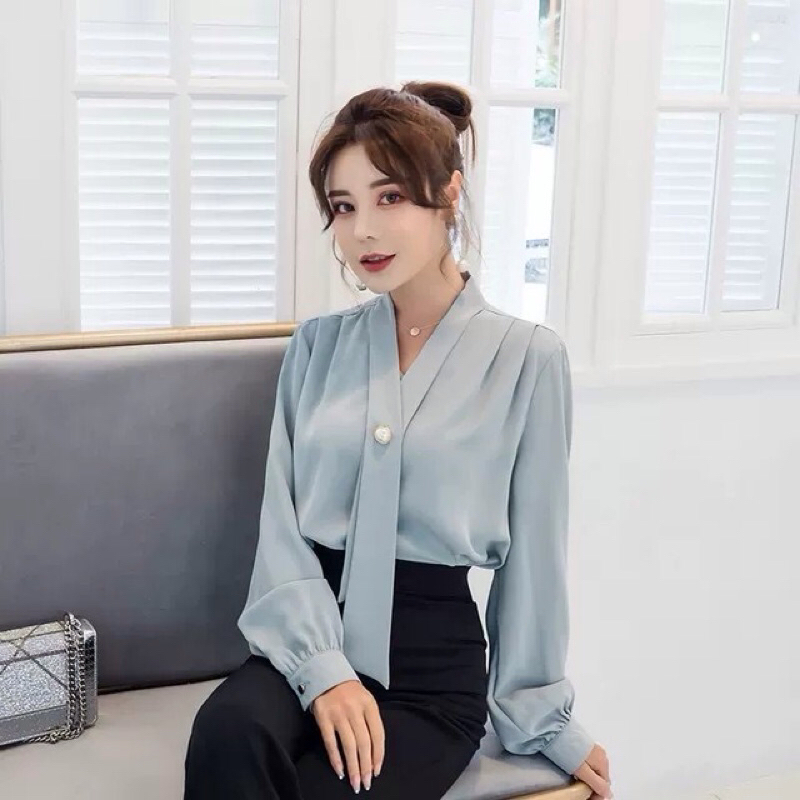 เสื้อคอVผ้าชีฟอง แขนยาว สไตล์เสื้อทำงาน ผ้าสวมใส่สบาย(1125#)w