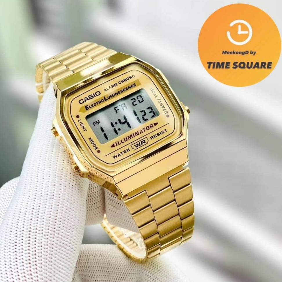 CASIO A-168WG-9W หน้าปัด36มม. นาฬิกาชาย-หญิง สายสแตนเลส สีทอง กันน้ำ มีแสงสว่าง คาสิโอแท้ รับประกันศ